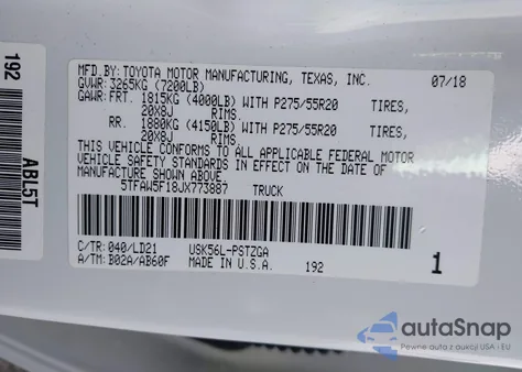 2018 Toyota Tundra 1794 5.7L V8 z USA, uszkodzony, nr VIN 5TFAW5F18JX773887